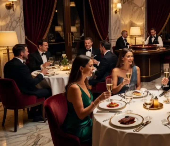 Goście podczas eleganckiego kasynowego wieczoru degustacyjnego w restauracji Polvirestela