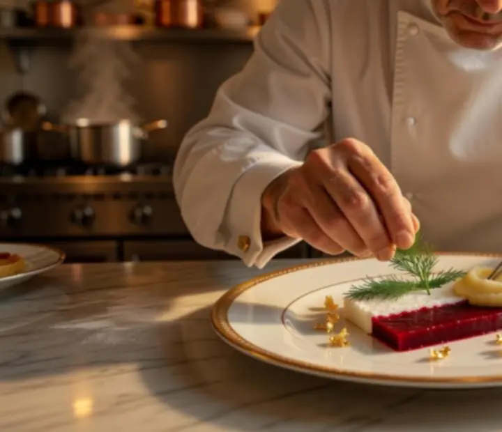 Szef kuchni komponujący popisowe danie w eleganckiej restauracji