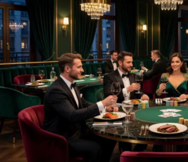 Cinematiczny wieczór w restauracji z eleganckimi stołami kasynowymi i wykwintnymi daniami