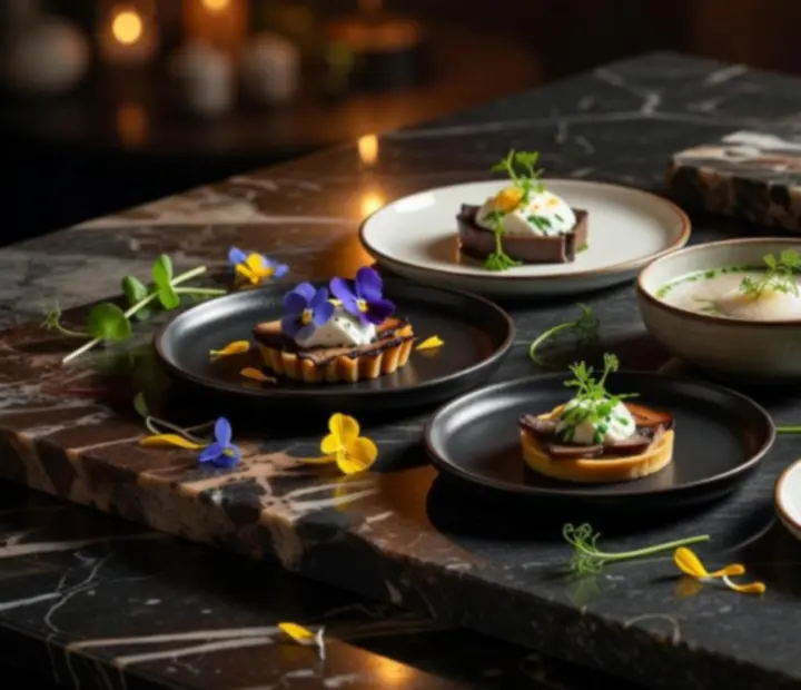 Elegancki stół degustacyjny z kilkoma artystycznie podanymi daniami