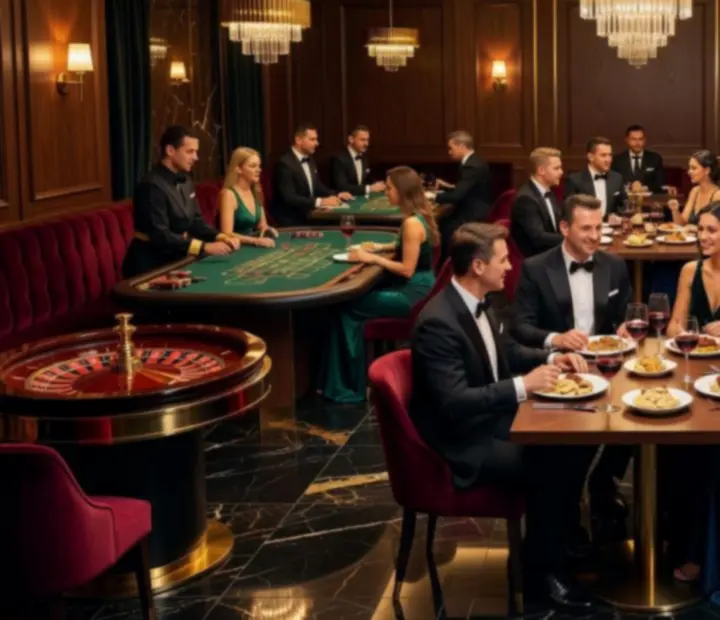 Ciemne, luksusowe wnętrze restauracji z eleganckimi stołami i kasynową oprawą