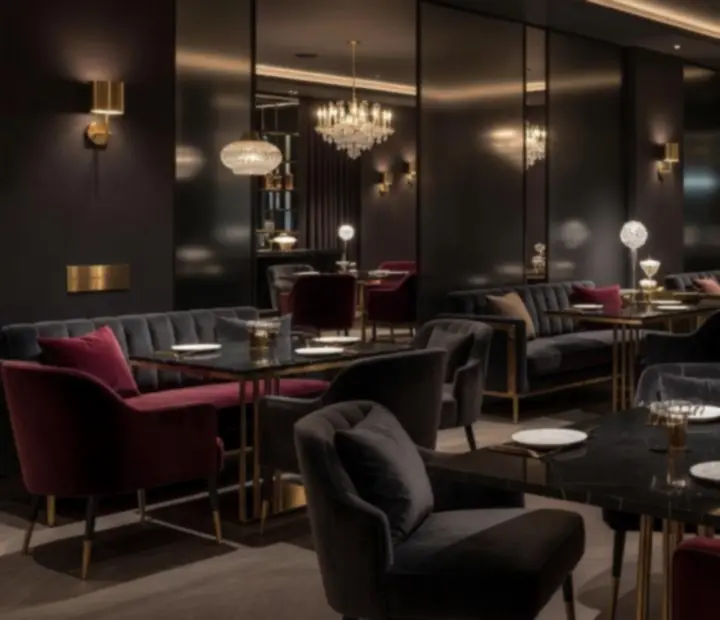 Luksusowe wnętrze restauracji inspirowane kasynem z welurowymi fotelami i złotymi detalami