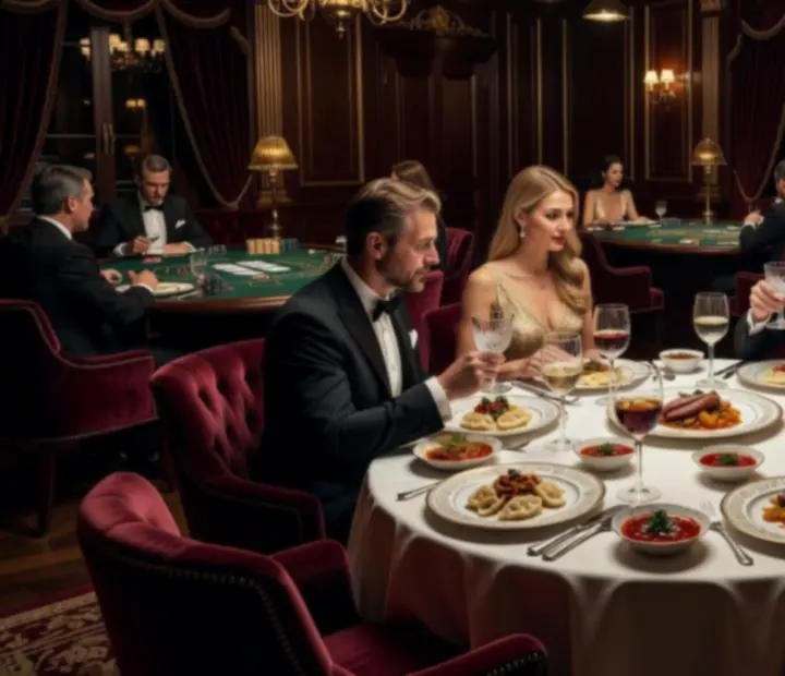 Ciemne, eleganckie wnętrze restauracji z kasynowym stołem i wykwintnymi daniami