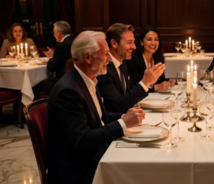 Goście w eleganckiej restauracji Polvirestela dzielą się pozytywnymi emocjami przy stole.