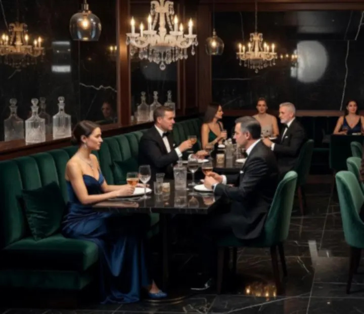 Eleganckie, przyciemnione wnętrze restauracji inspirowane luksusowym kasynem